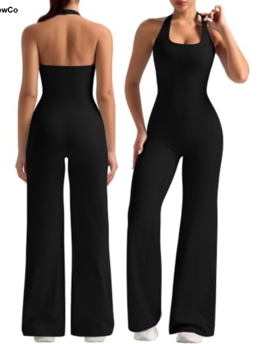 Women Wide Leg Jumpsuit Halter Neck Backless Built in Bra Gym Yoga